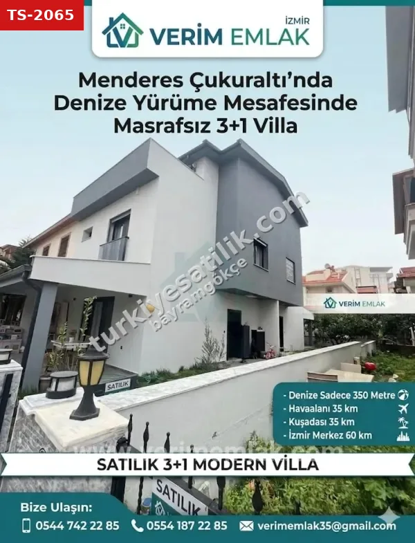 Menderes Çukuraltı’nda Yaz-kış Yaşama Uygun,sadece 350 Metre! Satılık 3+1 Modern Villa